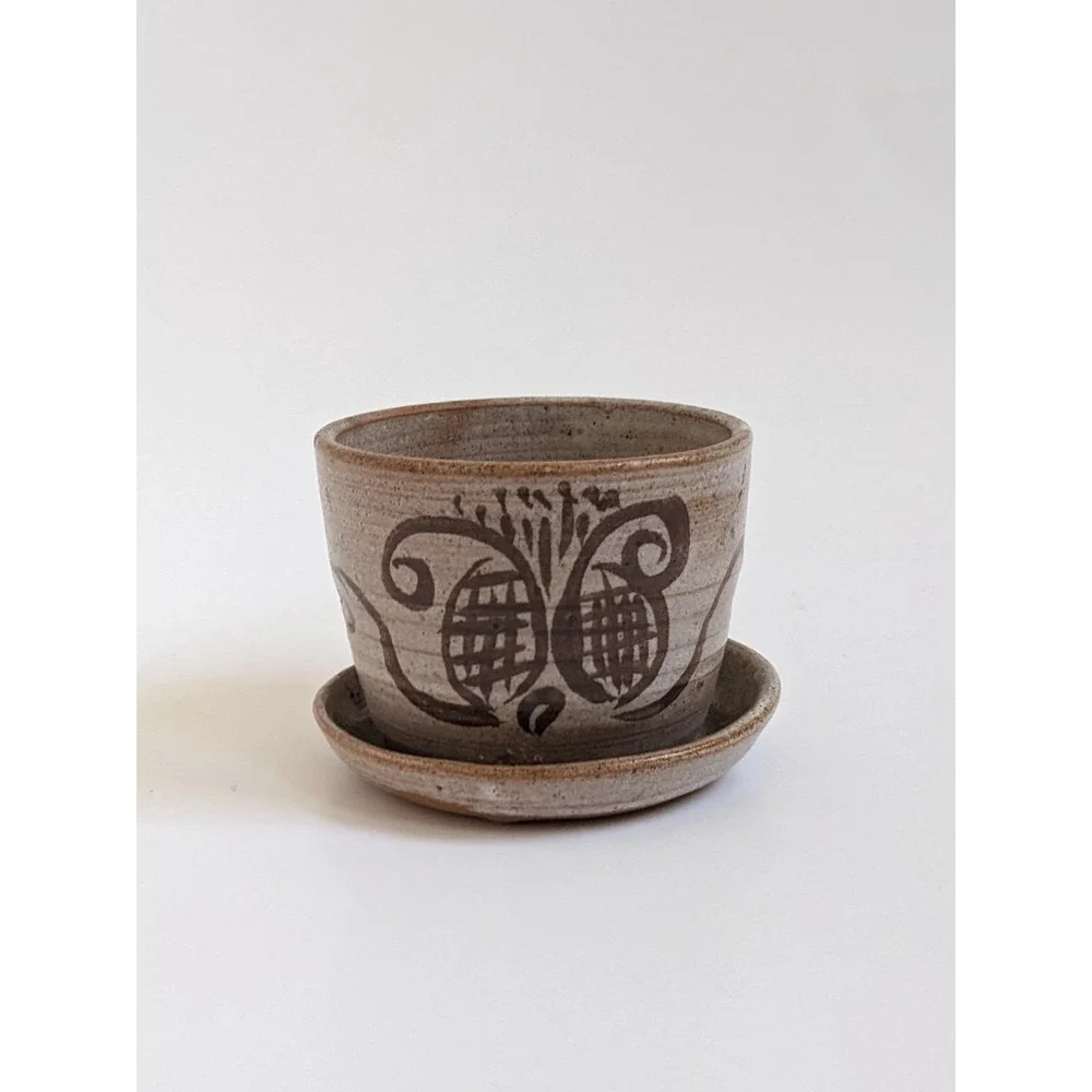 Vintage 1970s Studio Pottery Planter Saucer Small Butterfly Hand Painted Pot 3
